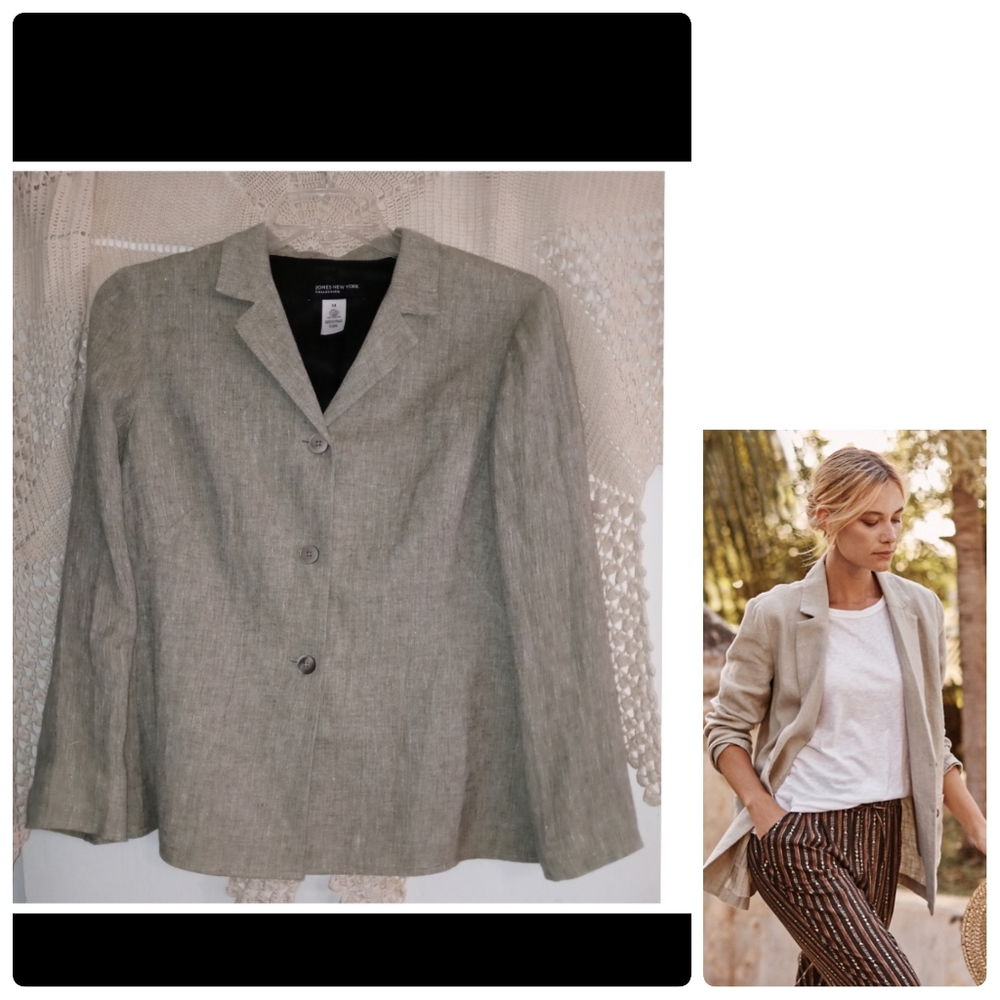 Linen Tan Beige Minimalist Neutral Boxy Lightweight Airy Career Blazer Size 14●